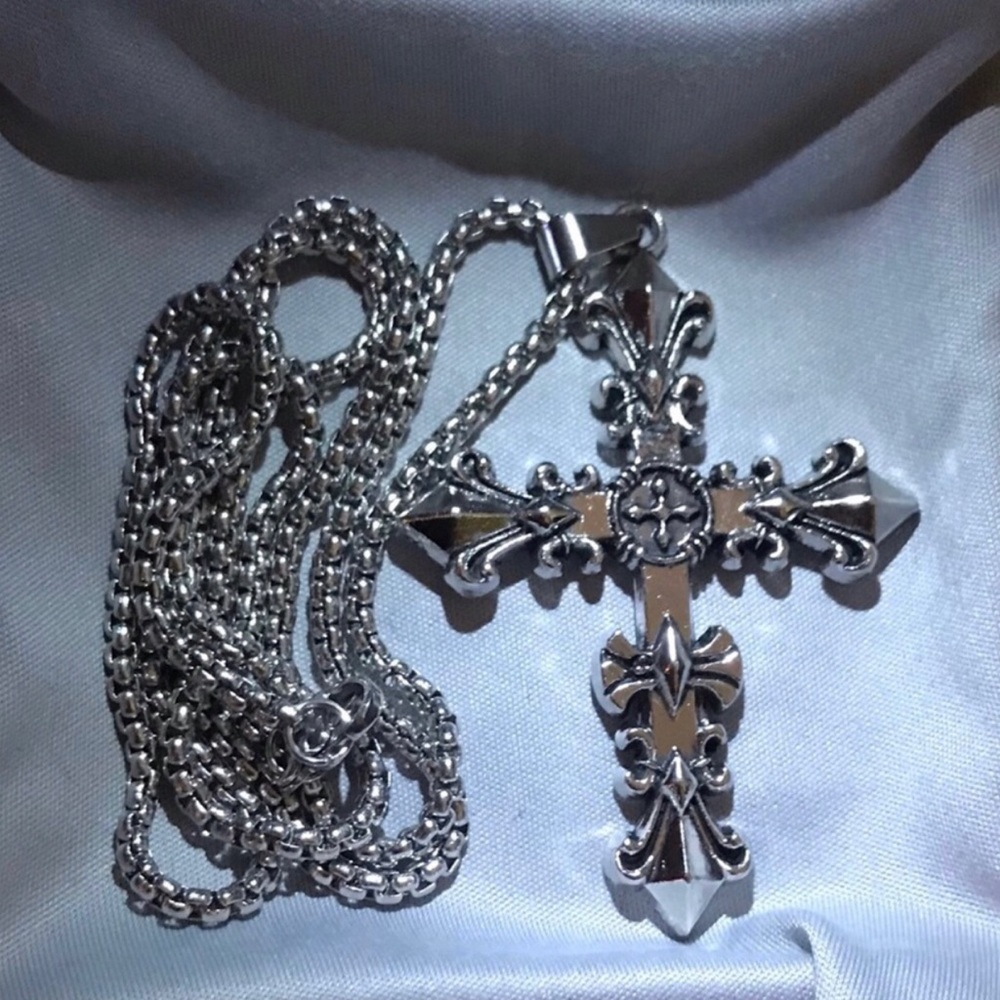 Stainless Steel  Ornate Cross Pendant Necklace